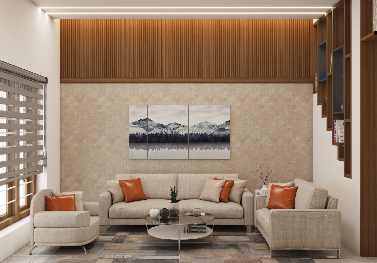 Modern luxury living room interior designed by Arcshell Interiors in Thiruvalla
